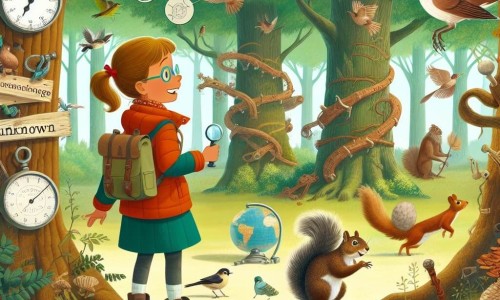 Une illustration destinée aux enfants représentant une jeune fille passionnée de science voyageant à travers les époques avec l'aide d'un écureuil malicieux, se retrouvant dans une forêt dense aux arbres immenses et aux chants d'oiseaux inconnus.