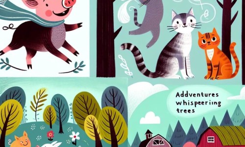 Une illustration destinée aux enfants représentant une jeune cochonne intrépide, un chat malicieux, une forêt mystérieuse aux arbres murmureurs et une ferme animée où aventures et amitié se côtoient.