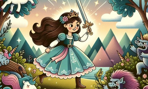 Une illustration destinée aux enfants représentant une princesse courageuse affrontant des trolls maléfiques dans une forêt enchantée, accompagnée de licornes scintillantes, dans un royaume lointain et enchanté.