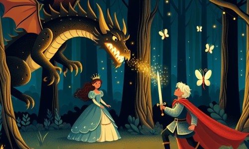 Une illustration destinée aux enfants représentant un jeune prince courageux affrontant un dragon redoutable pour sauver une princesse enchantée, dans une forêt sombre et mystérieuse où les arbres murmurent des secrets anciens et les lucioles dansent autour d'eux.