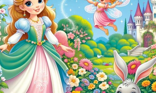 Une illustration destinée aux enfants représentant une princesse farfelue, une fée espiègle et un lapin malicieux se promenant dans les jardins enchantés d'un château magique.