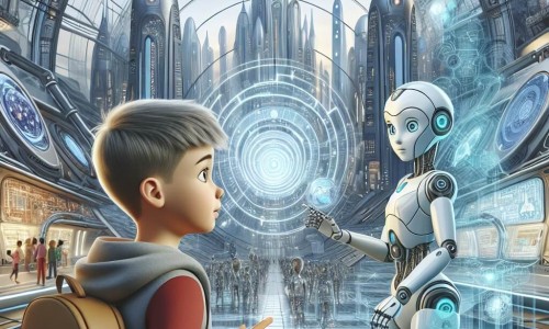 Une illustration destinée aux enfants représentant un garçon curieux évoluant dans une Cité d'Argentium futuriste, aidé par une Intelligence Artificielle féminine, au cœur d'une métropole aux teintes argentées, structures en verre transparent et écrans holographiques.