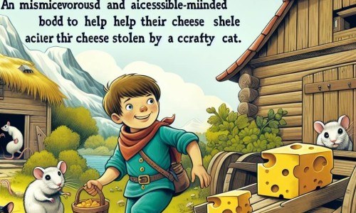 Une illustration destinée aux enfants représentant un garçon farceur et distrait se lançant dans une mission impossible pour aider des souris à récupérer leur fromage volé par un chat malicieux, dans un petit village nommé Pommeville, avec une grange abandonnée et une forêt mystérieuse en toile de fond.
