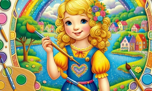 Une illustration destinée aux enfants représentant une petite fille aux boucles blondes, une artiste peintre voyageuse, peignant un arc-en-ciel près d'un lac scintillant dans le village de la Petite Claire.