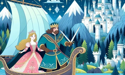 Une illustration destinée aux enfants représentant un prince courageux, accompagné d'une princesse vaillante, naviguant à travers un royaume enchanté rempli de châteaux scintillants, de forêts mystérieuses et de montagnes majestueuses.