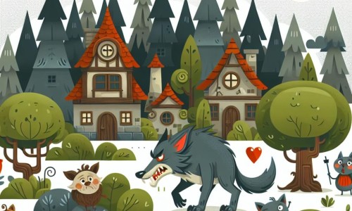 Une illustration destinée aux enfants représentant un loup-garou plein d'humour vivant dans un village caché au cœur d'une forêt enchantée, entouré de créatures rigolotes et farceuses.