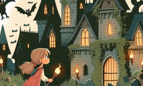 Une illustration destinée aux enfants représentant une jeune fille courageuse explorant un château hanté, accompagnée d'une chauve-souris effrayante, dans un château médiéval abandonné aux murs recouverts de lierre et éclairé par des torches vacillantes.