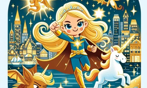 Une illustration destinée aux enfants représentant une super-héroïne aux cheveux dorés et aux yeux pétillants, affrontant un sorcier maléfique avec l'aide d'une licorne lumineuse et d'un dragon chaleureux, dans la cité scintillante de Starland où les étoiles brillent de mille feux même en plein jour.