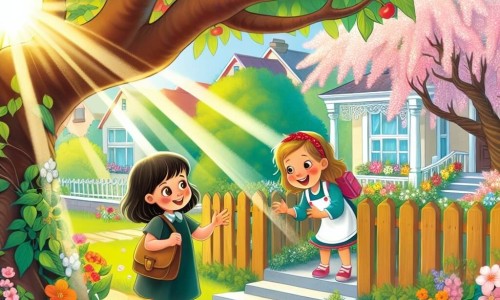 Une illustration destinée aux enfants représentant une fillette curieuse découvrant une nouvelle voisine joyeuse dans un jardin ensoleillé de la rue des Cerisiers, entourées de fleurs colorées et d'un grand cerisier majestueux.