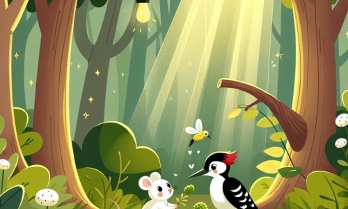 Une illustration destinée aux enfants représentant une petite souris au pelage d'un blanc éclatant, aidant un pic-vert à chasser des insectes sans abîmer les arbres, dans une clairière enchantée de la forêt où les rayons du soleil filtrent à travers les feuilles verdoyantes.