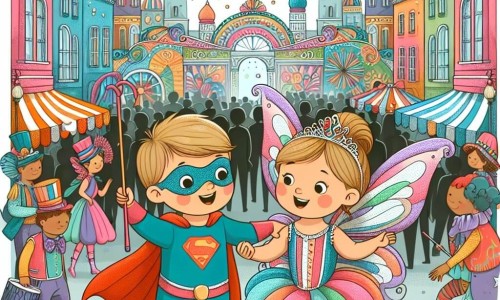 Une illustration destinée aux enfants représentant un petit garçon déguisé en super-héros, accompagné d'une petite fille aux ailes de fée, explorant un carnaval aux rues remplies de couleurs vives, de musiques entraînantes et de gens déguisés de la tête aux pieds.