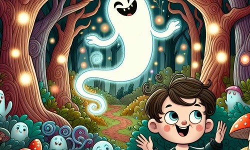 Une illustration destinée aux enfants représentant un fantôme farceur, accompagné d'un petit garçon malicieux, dans une forêt enchantée remplie d'arbres tordus, de lucioles brillantes et de champignons colorés.