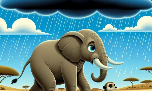 Une illustration destinée aux enfants représentant un éléphant sage et bienveillant, accompagné d'un petit suricate curieux, dans la vaste savane d'Afrique, sous un ciel azuré menaçant avant l'arrivée de la pluie bienfaitrice.