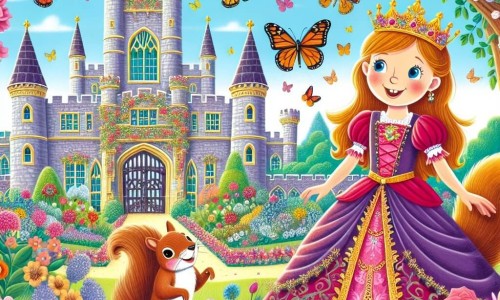 Une illustration destinée aux enfants représentant une princesse espiègle se retrouvant dans des aventures loufoques avec son fidèle compagnon, un écureuil malicieux, dans le château majestueux entouré de jardins fleuris où les papillons dansent au son de la musique des arbres.