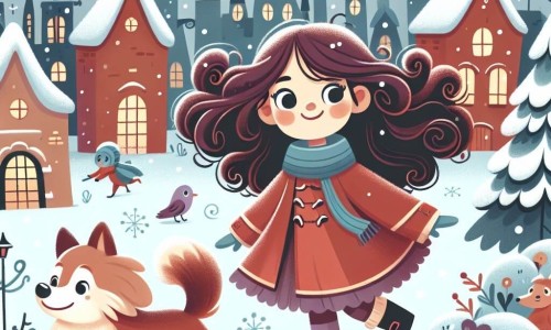 Une illustration destinée aux enfants représentant une petite fille aux longs cheveux bouclés, vivant des aventures magiques avec son fidèle chien espiègle, dans une ville enchantée recouverte de neige scintillante.