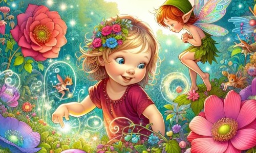 Une illustration destinée aux enfants représentant une petite fille curieuse découvrant un jardin enchanté rempli de créatures magiques, accompagnée d'un lutin farceur, dans un jardin aux couleurs vives et aux fleurs éclatantes.