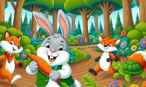 Une illustration destinée aux enfants représentant un lapin malicieux et jovial organisant une course de carottes avec ses amis, un renard espiègle et une tortue joyeuse, au cœur d'une forêt enchantée aux arbres majestueux et aux fleurs multicolores.