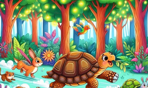 Une illustration destinée aux enfants représentant une tortue malicieuse participant à une course de vitesse avec ses amis animaux dans une forêt enchantée aux arbres majestueux, aux couleurs éclatantes et aux fleurs chatoyantes.