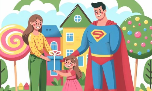 Une illustration destinée aux enfants représentant une petite fille espiègle préparant un cadeau spécial pour son papa super-héros, avec l'aide de sa maman complice, dans un village coloré aux maisons en forme de bonbons et aux arbres en barbe à papa.