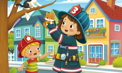 Une illustration destinée aux enfants représentant une héroïne pompier, une petite fille courageuse, sauvant un chaton dans un arbre avec l'aide de ses collègues, dans une charmante petite ville campagnarde aux maisons colorées et aux arbres verdoyants.