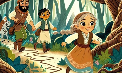 Une illustration destinée aux enfants représentant une petite fille courageuse se lançant dans une aventure mystérieuse avec ses amis, un garçon intrépide et une fille douce, à travers une forêt dense et magique remplie d'arbres centenaires et de sentiers sinueux.