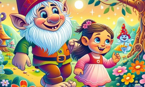 Une illustration destinée aux enfants représentant un adorable troll farceur, accompagné d'une petite fille curieuse, découvrant un jardin féerique rempli de fleurs multicolores et d'arbres dansant, dans le merveilleux royaume de Féeriland.