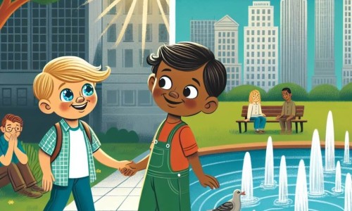 Une illustration destinée aux enfants représentant un garçon aux yeux pétillants confronté au racisme, accompagné d'un nouvel ami au sourire timide, dans un parc ensoleillé avec une fontaine au centre-ville.