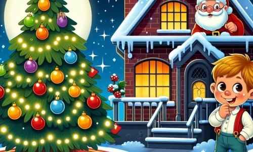 Une illustration destinée aux enfants représentant un petit garçon plein de malice, une visite nocturne du Père Noël, un sapin illuminé de boules colorées et une étoile dorée au sommet, dans une maison au toit rouge sous la neige scintillante de décembre.