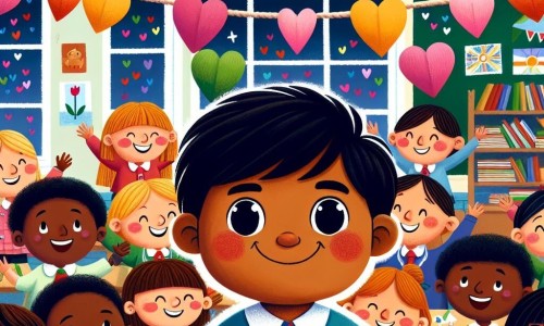 Une illustration destinée aux enfants représentant un petit garçon malicieux, entouré de ses amis à l'école de Pommeville, une salle de classe colorée remplie de cœurs en papier et de guirlandes joyeuses.