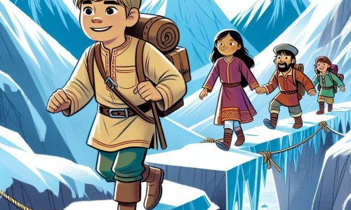 Une illustration destinée aux enfants représentant un jeune garçon intrépide et ses amis, une fille et deux garçons, partant à l'aventure sur une montagne enneigée aux pentes escarpées et aux ponts de glace fragiles.