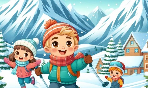 Une illustration destinée aux enfants représentant un petit garçon enthousiaste vivant une aventure hivernale avec ses amis, une fille et un garçon, dans un village enneigé entouré de montagnes aux sommets blancs scintillants.
