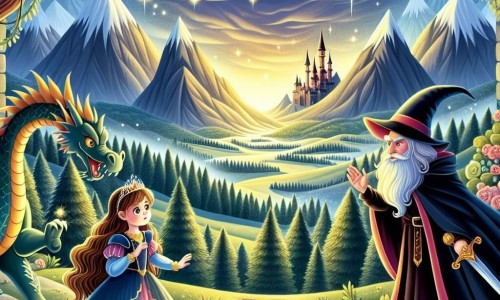 Une illustration destinée aux enfants représentant une princesse courageuse affrontant un sorcier maléfique aux côtés de son dragon fidèle, dans un royaume enchanté aux montagnes majestueuses et aux vallées illuminées.