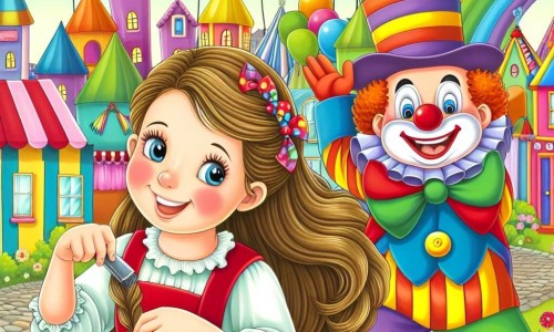 Une illustration destinée aux enfants représentant une fillette joyeuse se préparant pour le carnaval, accompagnée d'un clown farceur, dans le village coloré et animé d'Arc-en-Ciel.