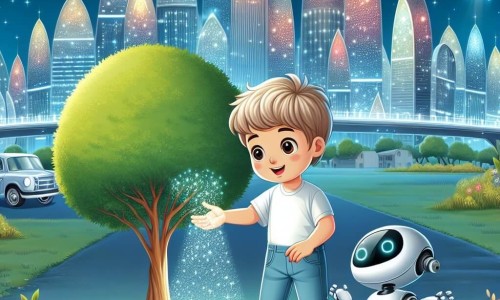 Une illustration destinée aux enfants représentant un jeune garçon curieux découvrant un arbre lumineux, accompagné de son fidèle robot, dans la magnifique cité futuriste d'ÉclatLune, où les buildings brillent comme des étoiles et les voitures volent dans le ciel.