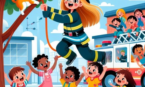 Une illustration destinée aux enfants représentant une jeune femme pompier courageuse en action pour sauver un chat coincé dans un arbre, accompagnée de plusieurs enfants enthousiastes, dans une caserne de pompiers colorée et animée.