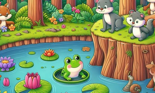 Une illustration destinée aux enfants représentant une grenouille curieuse se retrouvant coincée dans un trou, aidée par des animaux de la forêt, dans un étang entouré de nénuphars colorés et de fleurs vives.
