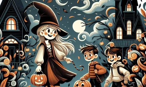 Une illustration destinée aux enfants représentant une jeune fille intrépide partant à la chasse aux bonbons le soir d'Halloween, accompagnée de ses amis, devant une maison hantée au toit pointu, entourée de citrouilles illuminées et de feuilles mortes tourbillonnantes.