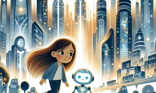 Une illustration destinée aux enfants représentant une fille aux longs cheveux bruns explorant une ville futuriste remplie de robots, accompagnée d'un petit robot étincelant, dans la métropole scintillante de Néotopia où les gratte-ciels touchent le ciel et les rues sont illuminées de lumières douces.