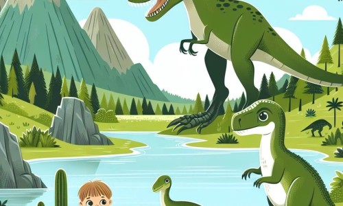 Une illustration destinée aux enfants représentant un jeune vélociraptor curieux, un T-Rex menaçant, et la vallée des dinosaures avec ses montagnes verdoyantes et son étang scintillant.