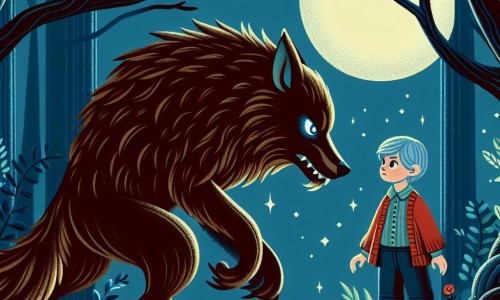 Une illustration destinée aux enfants représentant un petit garçon courageux affrontant un grand méchant loup menaçant dans une forêt sombre et mystérieuse, avec sa maman bienveillante à ses côtés.