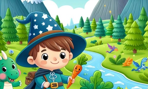 Une illustration destinée aux enfants représentant un jeune apprenti sorcier espiègle et curieux, accompagné de son dragon en peluche et de carottes dansantes, explorant une vallée verdoyante parsemée de forêts enchantées, de rivières scintillantes et de montagnes magiques.