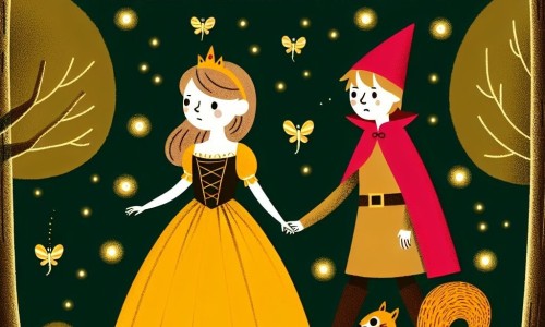 Une illustration destinée aux enfants représentant une jeune princesse courageuse, accompagnée d'un écureuil sage, traversant la Forêt des Lucioles, plongée dans l'obscurité par un sorcier maléfique.