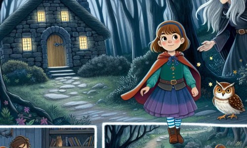 Une illustration destinée aux enfants représentant une jeune fille courageuse, perdue dans une forêt sombre et mystérieuse, accompagnée de sa fidèle chouette, et découvrant une maison en pierre cachée au cœur d'une clairière enchantée, où une sorcière bienveillante l'invite à entrer.