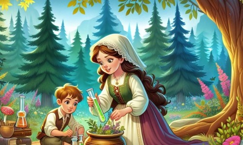 Une illustration destinée aux enfants représentant une jeune femme herboriste courageuse, préparant une potion magique pour sauver un garçon malade, dans une forêt enchantée aux arbres majestueux et aux fleurs chatoyantes.