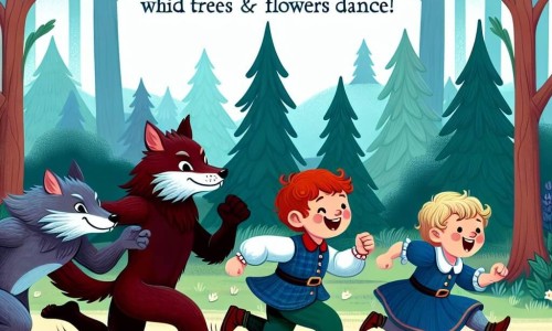 Une illustration destinée aux enfants représentant un jeune loup-garou farceur participant à une course magique, accompagné de ses amis loups-garous, dans la Forêt Enchantée où les arbres chuchotent et les fleurs dansent.