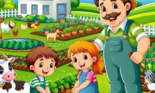 Une illustration destinée aux enfants représentant un joyeux fermier travaillant avec deux enfants curieux dans une ferme pittoresque entourée de champs verdoyants, d'animaux heureux et d'un potager coloré.