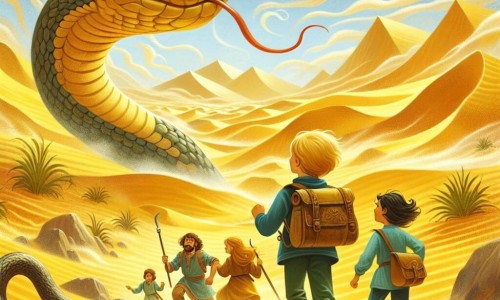 Une illustration destinée aux enfants représentant un jeune garçon intrépide, accompagné de ses amis et d'un serpent géant, explorant un désert infini aux dunes dorées et aux tempêtes de sable tourbillonnantes.