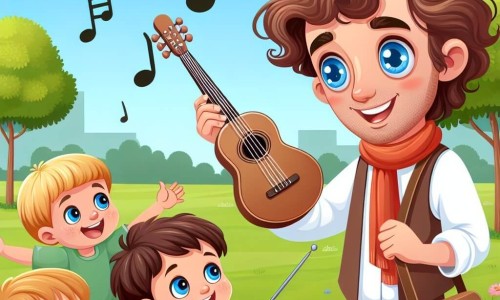 Une illustration destinée aux enfants représentant un homme aux grands yeux bleus et cheveux bruns bouclés, découvrant son talent pour la musique en partageant des chansons avec des enfants joyeux dans un parc verdoyant et ensoleillé.