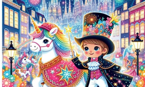Une illustration destinée aux enfants représentant un jeune garçon costumé en magicien, accompagné d'une licorne étincelante, évoluant dans une ville illuminée par des guirlandes multicolores et des feux d'artifice lors d'un carnaval sur le thème des Créatures Magiques.