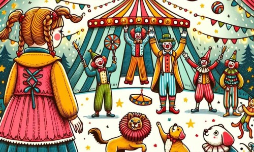 Une illustration destinée aux enfants représentant une fillette observant un spectacle de cirque incroyable, accompagnée d'un clown rigolo, entourée d'animaux jongleurs et acrobates, dans une grande tente colorée aux drapeaux flottants et aux lumières scintillantes.